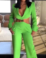 Solid Color Suit Collar Deep V Slim Fit Jumpsuit