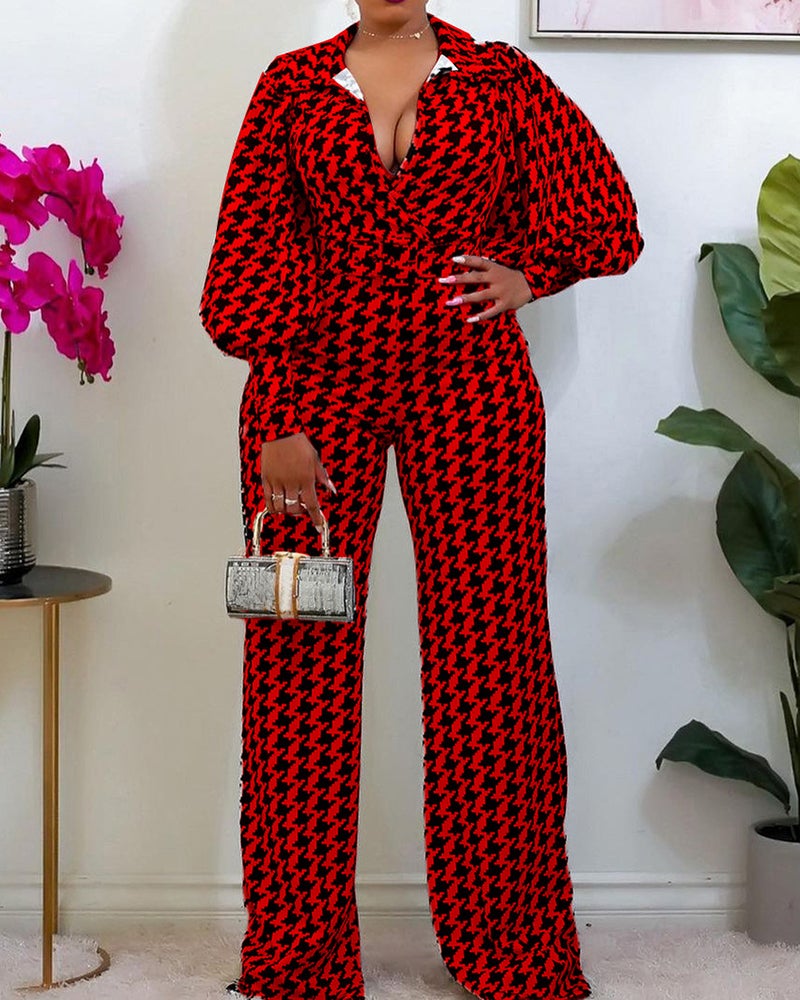 Lantern straight tube printed wide leg jumpsuit