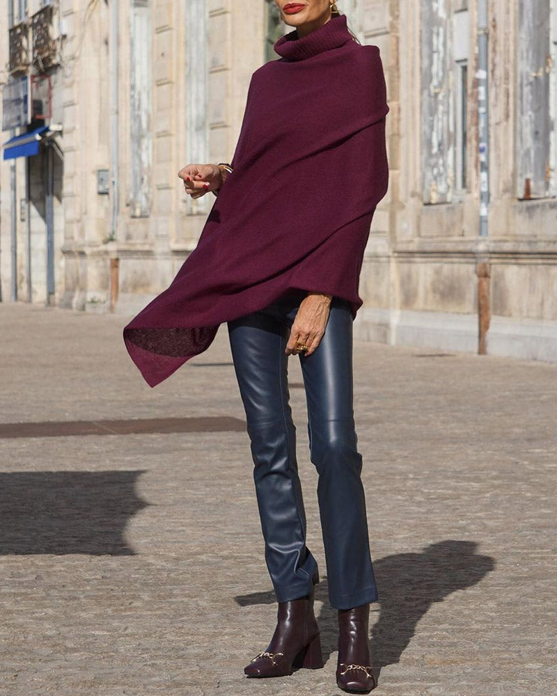 Solid Color Turtleneck Sweater with Irregular Hem