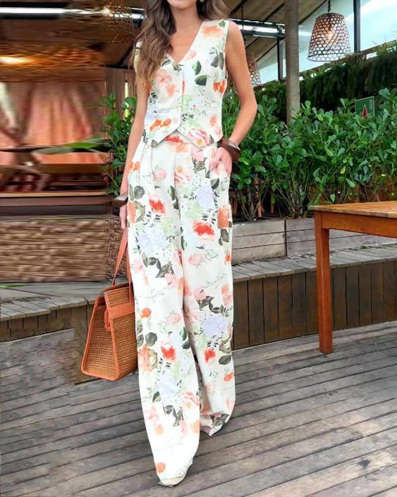 Elegant Floral Vest & Pants Two-piece Set