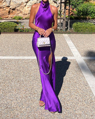 Halter Neck Slit Satin Dress