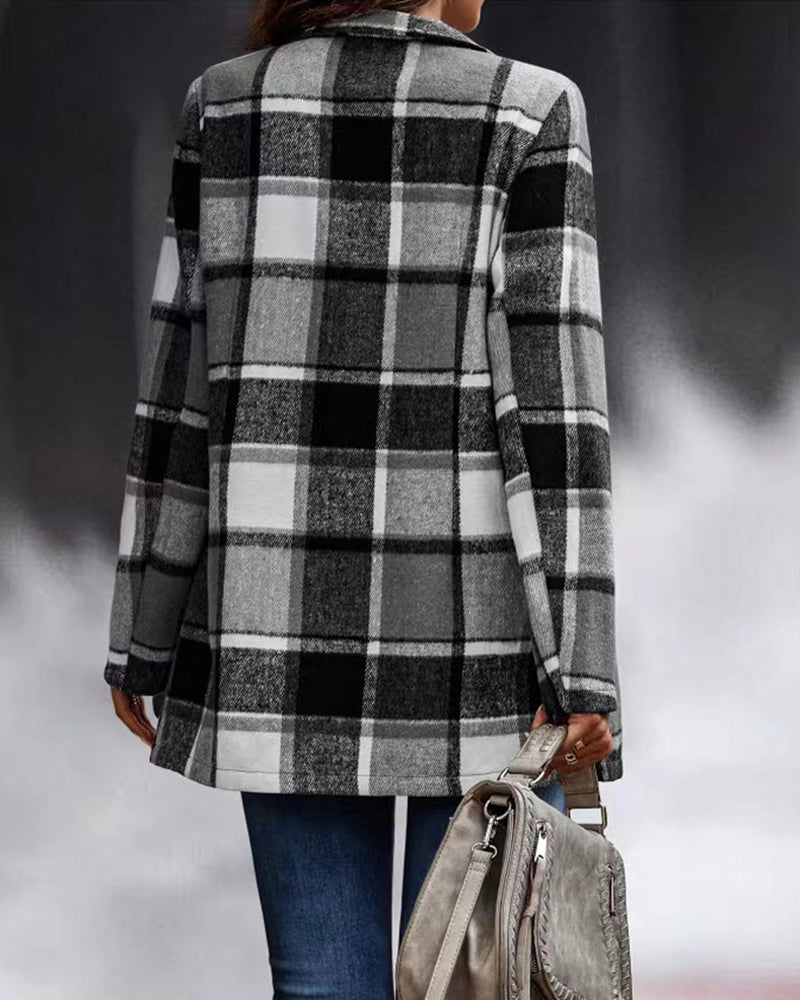 Loose Check Long Sleeve Pocket Wool Jacket