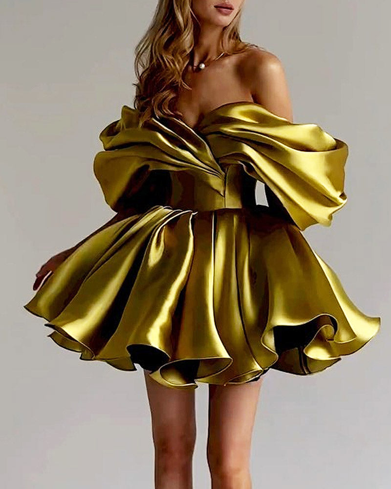 Solid Color One Shoulder Puffy Party Dress