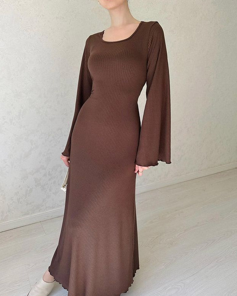 Solid Color Round Neck Knitted Bell Sleeve Slim Fit Dress