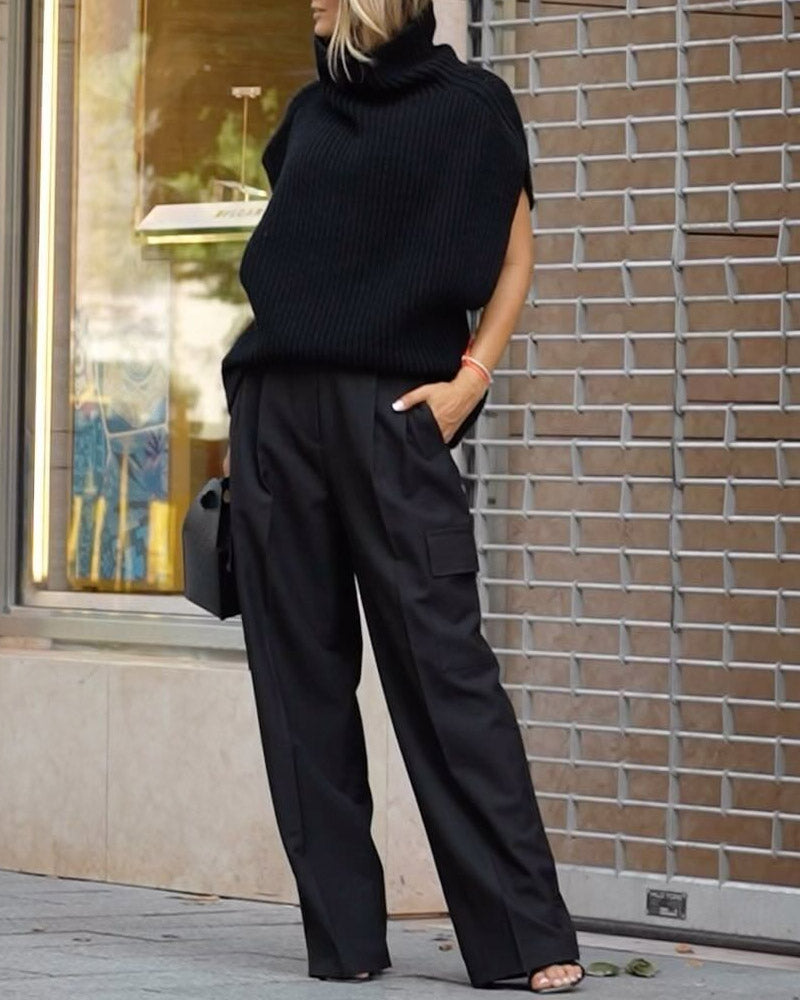 Solid Color Turtleneck Vest & Casual Pants Two-piece Set