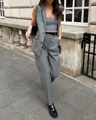 Solid Color Vest & High-waisted Wide-leg Pants Two-piece Set