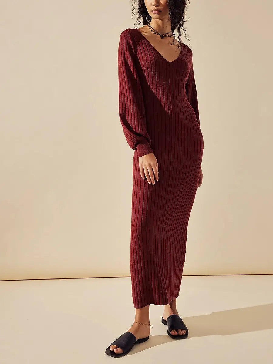 Solid Color Knitted V-neck Sweater Dress