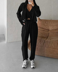 Solid Color Lapel Top & Pants Two-piece Set