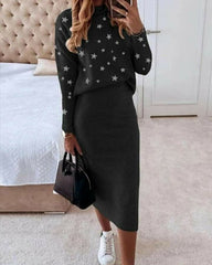 High collar star print casual bag hip two-piece set