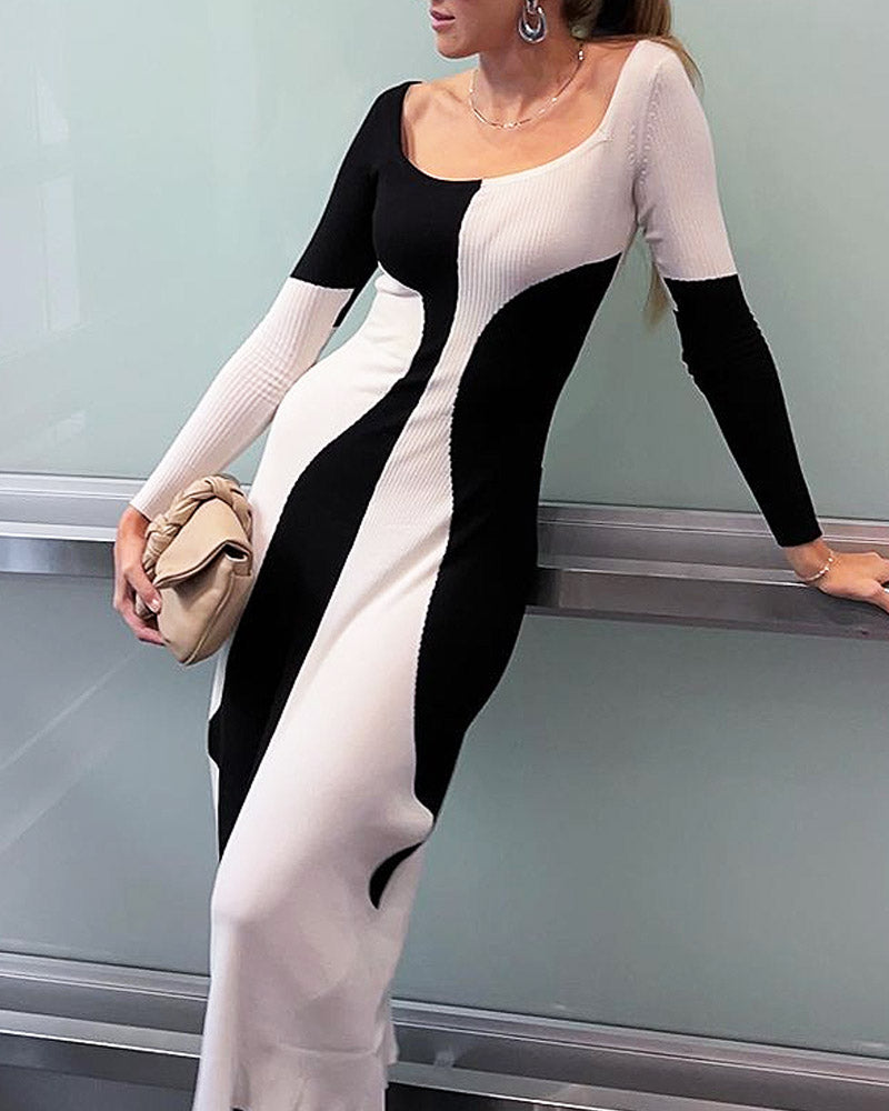 Round Neck Color Block Knitted Slim Fit Dress