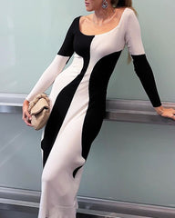 Round Neck Color Block Knitted Slim Fit Dress