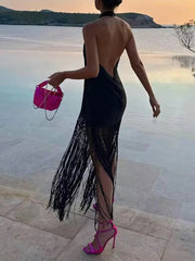 Hanging Neck Tassel Bare Back Midi Dress