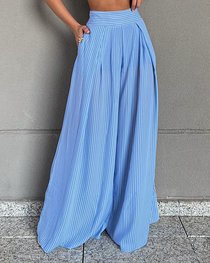 Suspender Striped Top and Pants Two-piece Suit