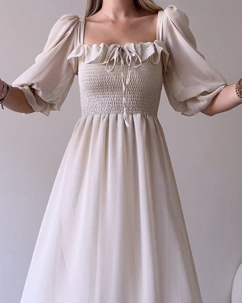 Solid Color Square Neck Puff Sleeve Chiffon Dress