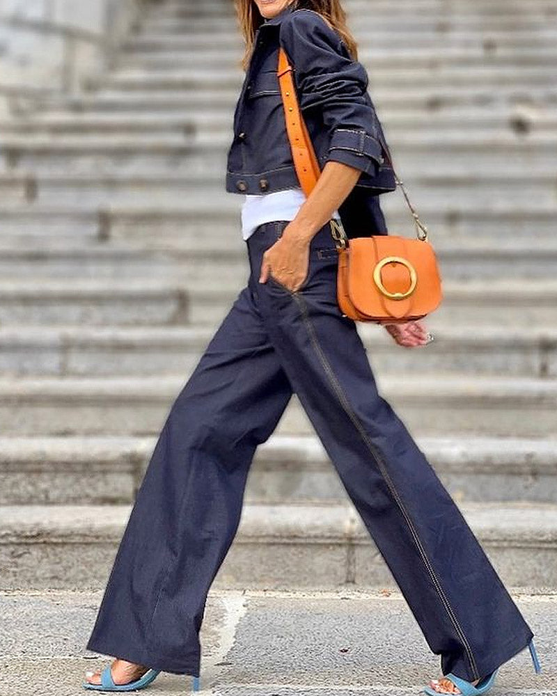 Faux Denim Short Jacket & High-waisted Wide-leg Pants Two-piece Set