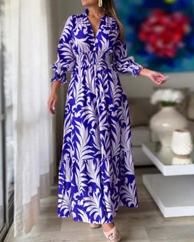 Waist Pullover Boho Print Long Sleeve Swing Dress