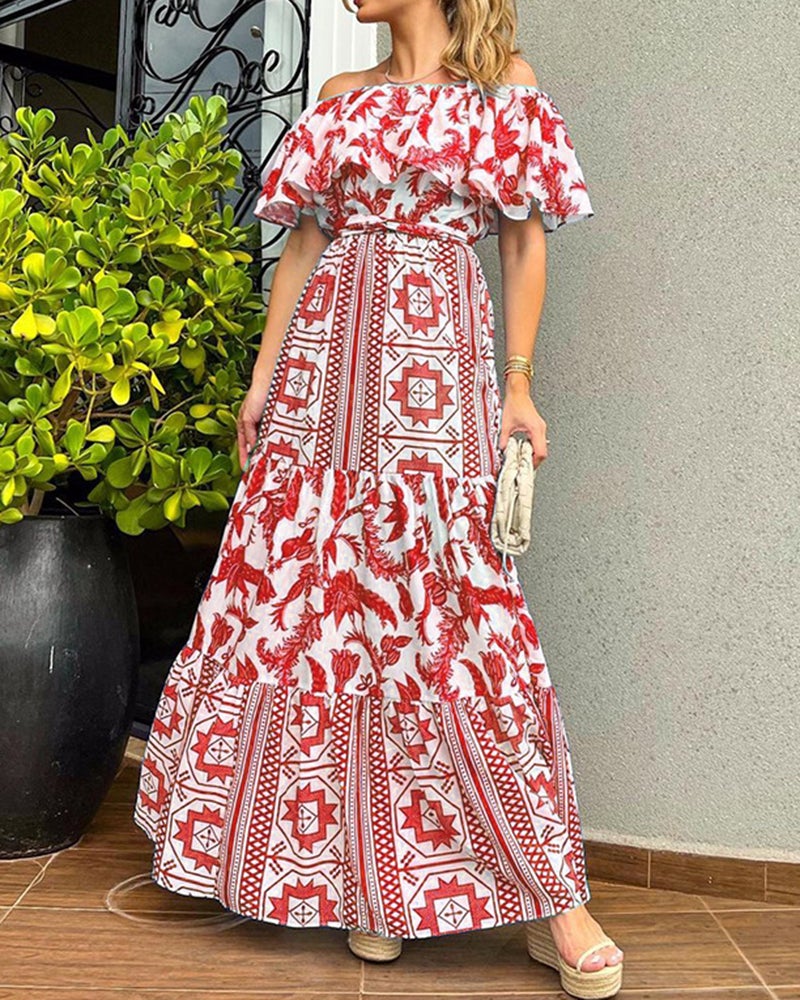 Printed dress with a one-line neck and high waist