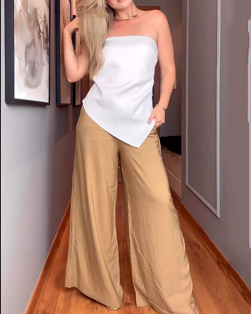 Solid Color Tube Top & Wide Leg Pants Two Piece Set