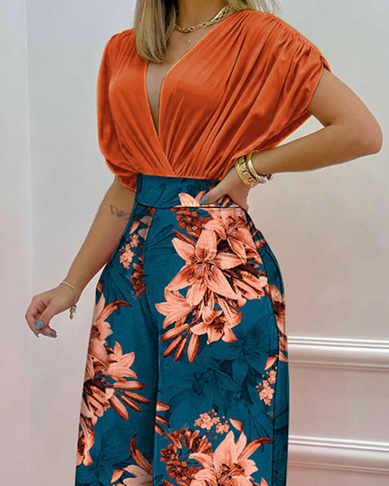 Printed dolman sleeve top and wide leg pants two-piece set