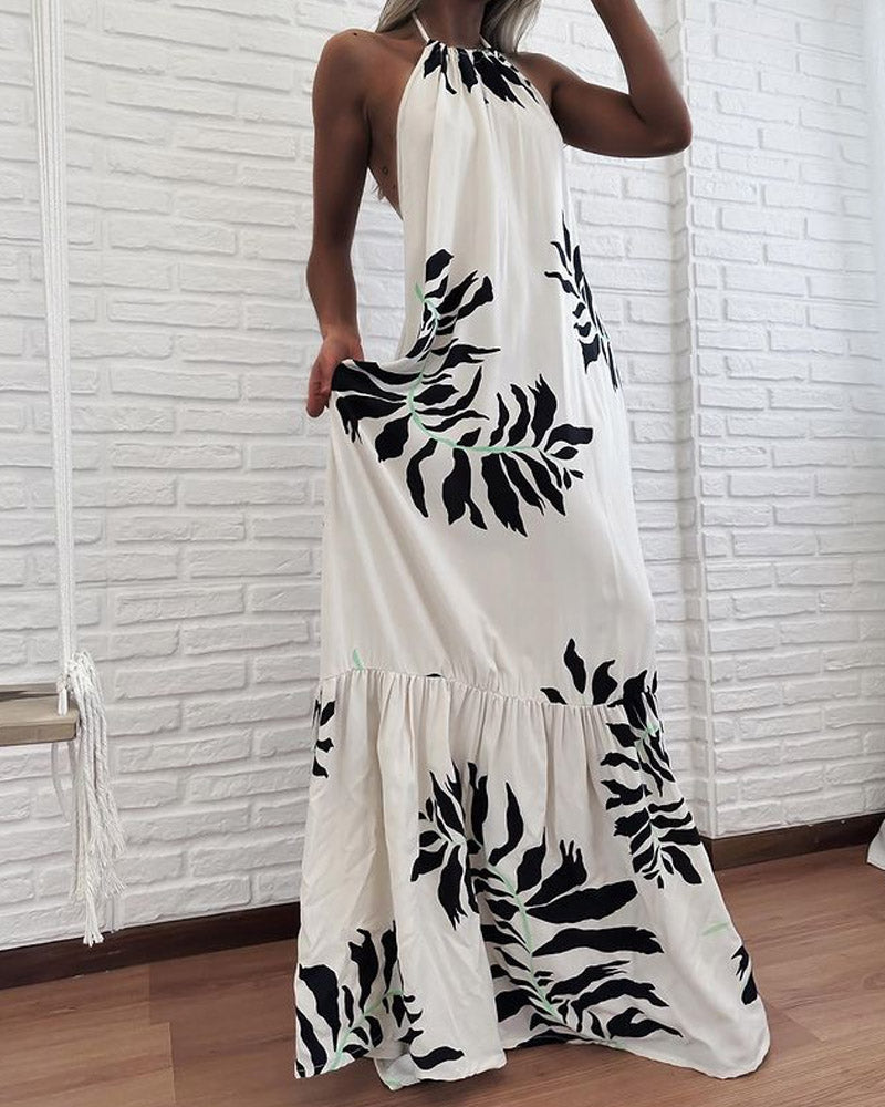 Printed Halter Neck Open Back Resort Style Dress