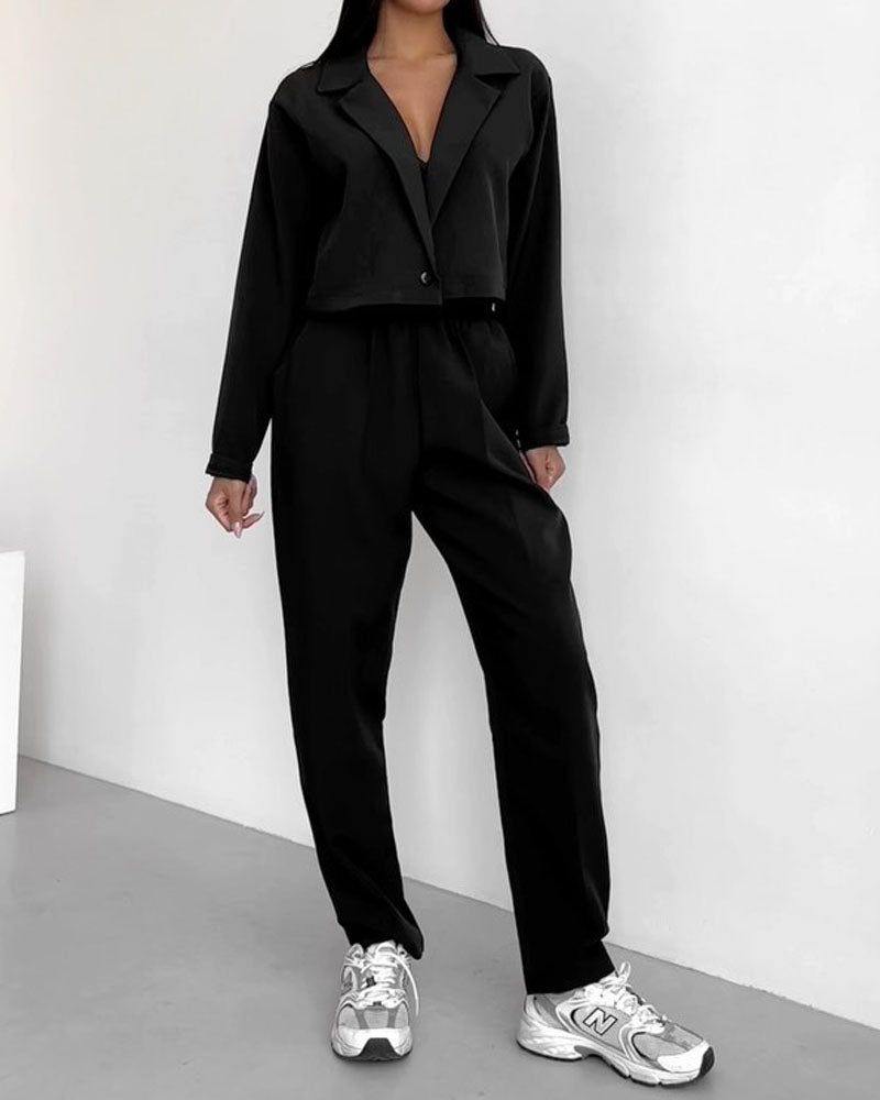 Solid Color Lapel Top & Pants Two-piece Set