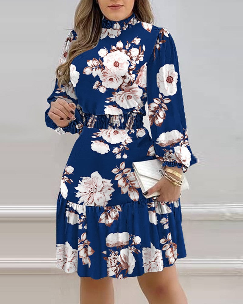 Floral-print balloon-sleeve gathered ruffle dress