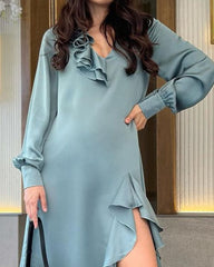 Elegant V-Neck Long Sleeve Ruffle Solid Dress