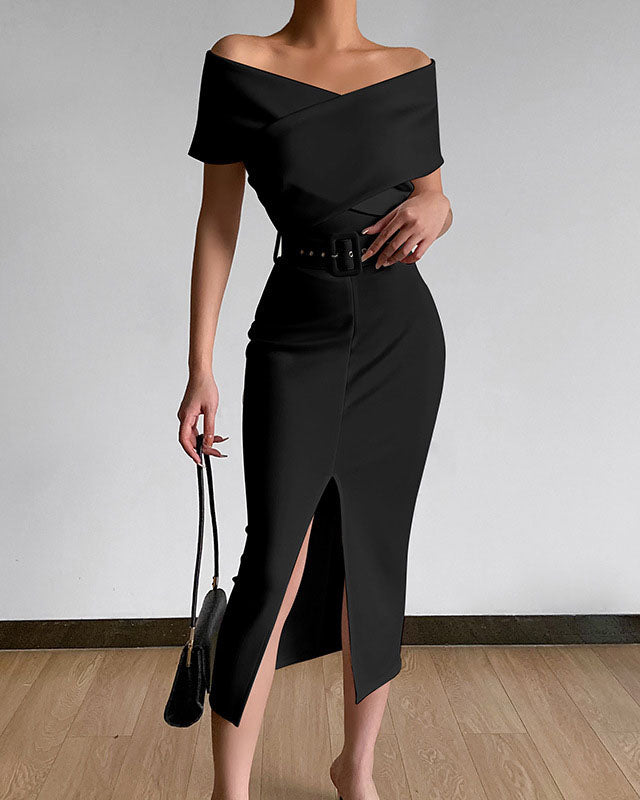 Elegant commuting simple off-the-shoulder belt slit dress