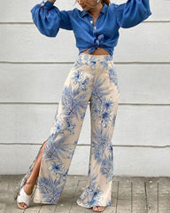 Casual Shirt & Printed Slit Pants Set