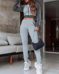 Solid Color Zipper Short Sweatshirt & Tight Leggings Two-piece Set