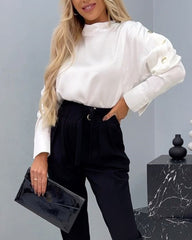 Fashionable Solid Color Turtleneck Top & Trousers Two-piece Set