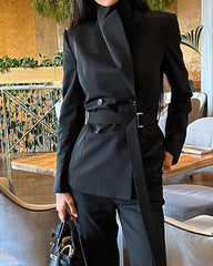 Lapel Strapped Blazer and Pants Two-piece Suit