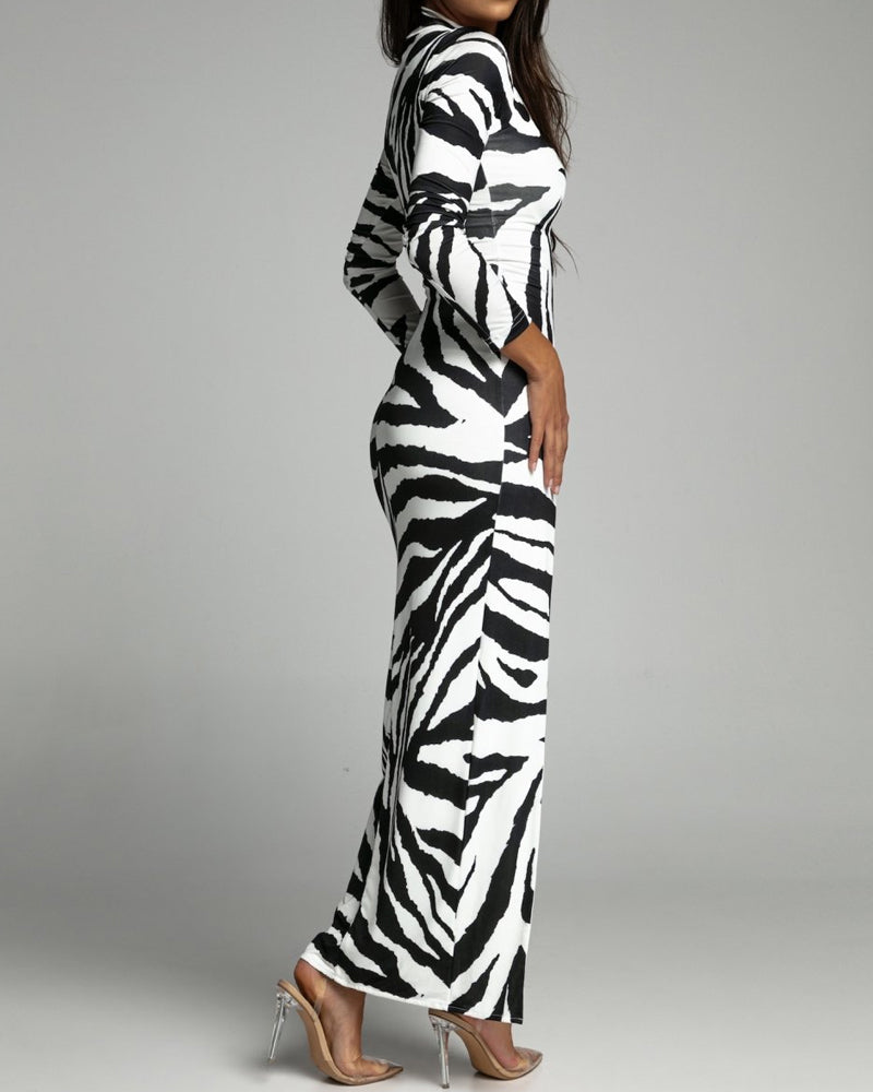 Fashion Zebra Print Slim Long Sleeve Slit Dress