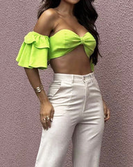 Solid Color Tube Top & High-waisted Wide-leg Pants Two-piece Set