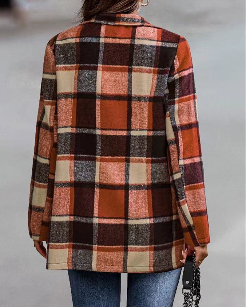 Loose Check Long Sleeve Pocket Wool Jacket