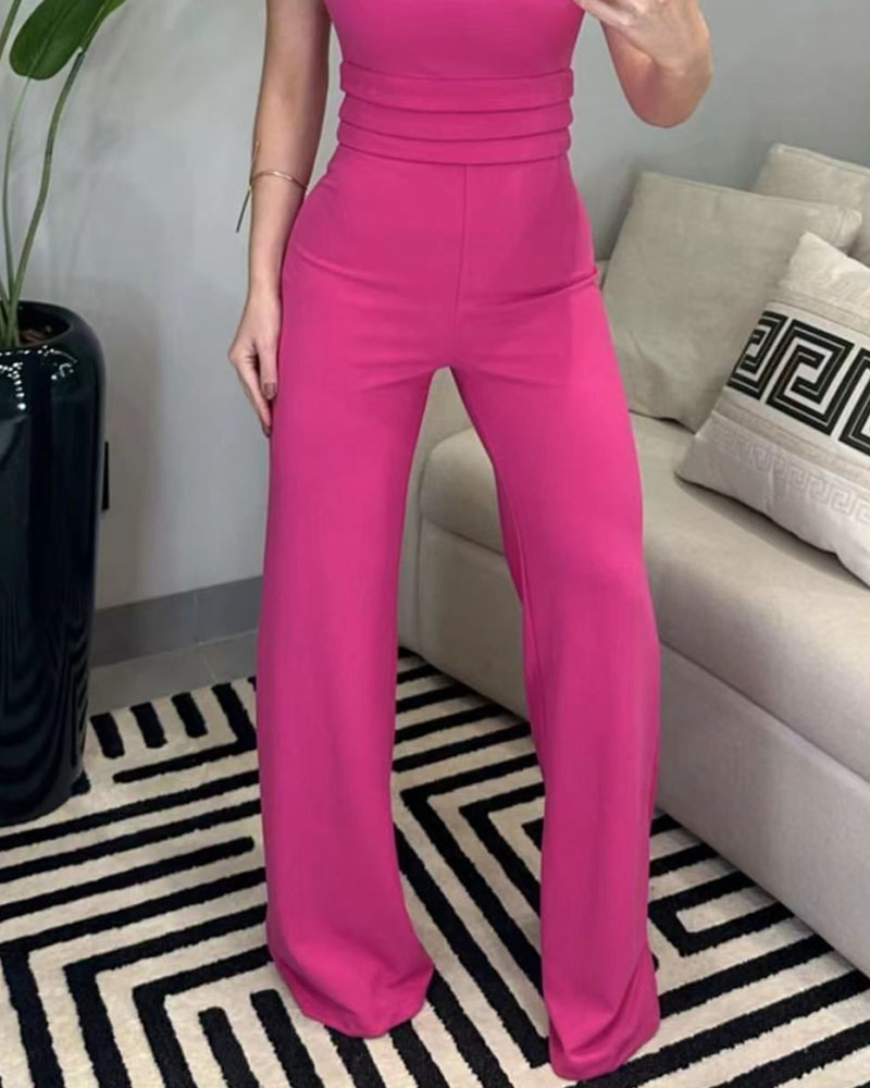 Casual Solid Color Sleeveless Round Neck Jumpsuit