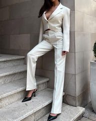 Solid Color Deep V-neck Short Suit & High-waisted Slim Pants Two-piece Set