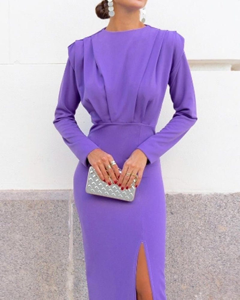 Elegant long sleeve slit solid color dress