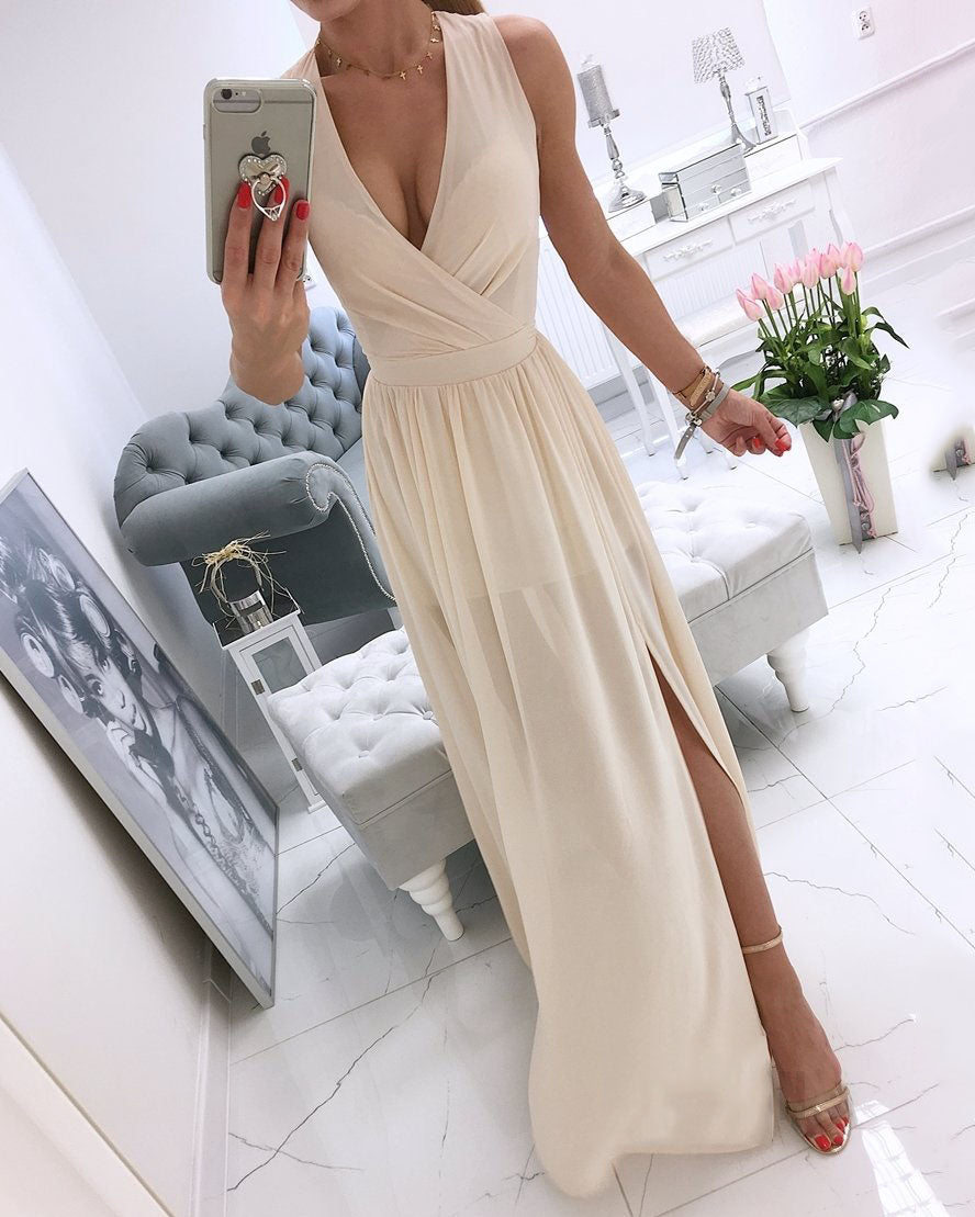 Sleeveless Solid Color V-Neck Gown Dress