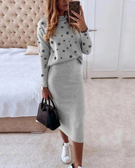 High collar star print casual bag hip two-piece set