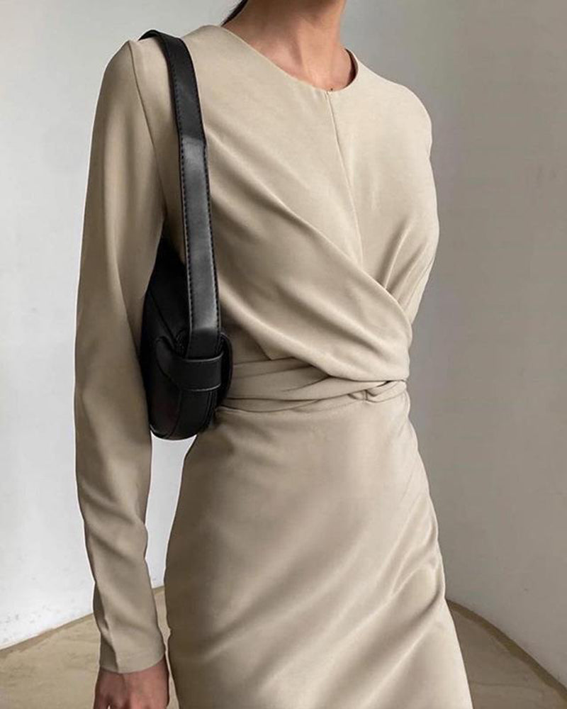 Crew Neck Long Sleeve Pleated Dress