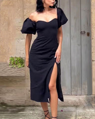 Elegant Solid Color Puff Sleeve Slit Dress