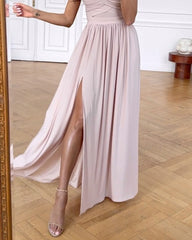 Elegant Solid Color Slit Dress