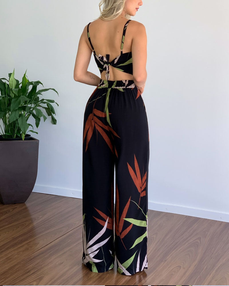 V-Neck Cropped Tank Top & Printed Wide-Leg Pants Two-Piece Set