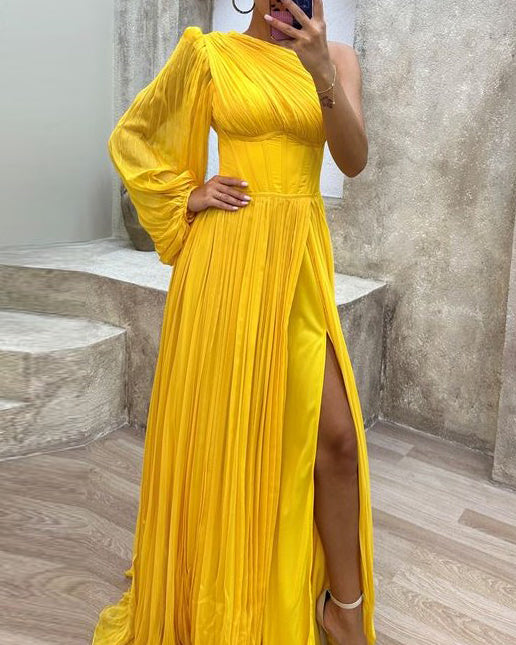 one shoulder long sleeve slit dress