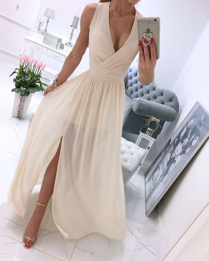 Sleeveless Solid Color V-Neck Gown Dress