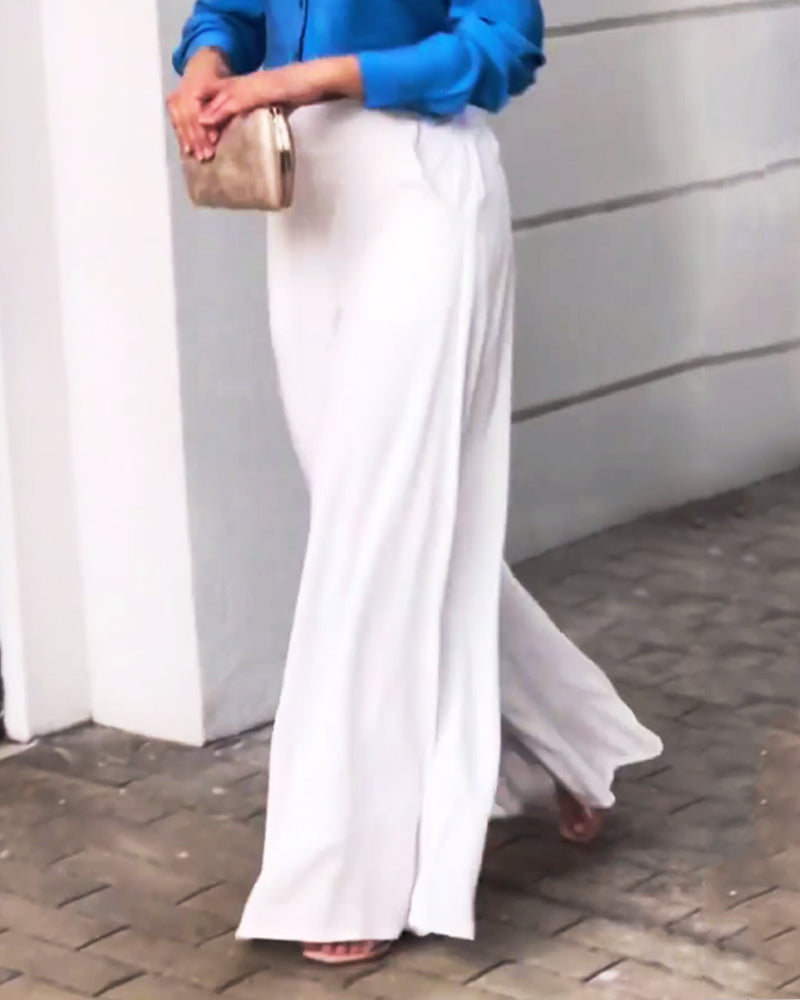 Solid Color Lapel Long Sleeve Shirt & Wide Leg Pants Two Piece Set