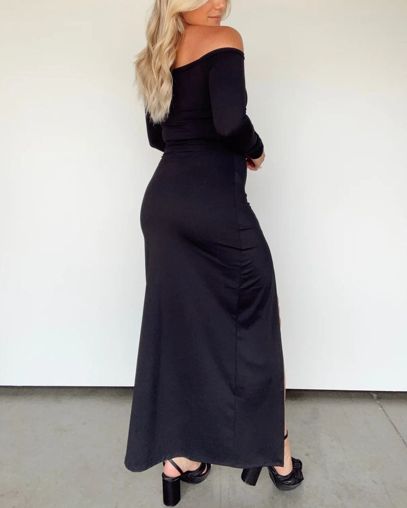 Elegant Solid Color Off-shoulder Slit Dress