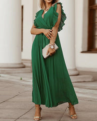 Lotus leaf sleeve Chiffon pleated skirt solid color dress