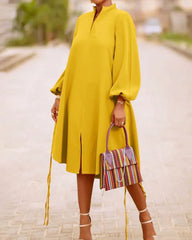 Fashion Solid Color Long Sleeve V Neck Dress